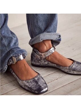 Free People Metallic Pewter Studded Mary Jane Flats